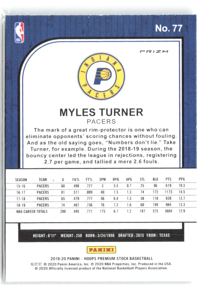Myles Turner Hoops Premium Stock - Prizms Silver 77 2019-20 Indiana Pacers