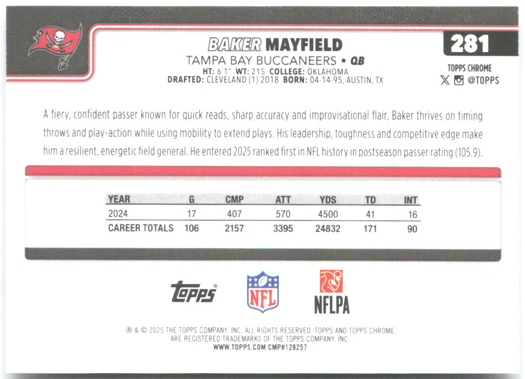 Baker Mayfield Topps Chrome 281 2025 Tampa Bay Buccaneers