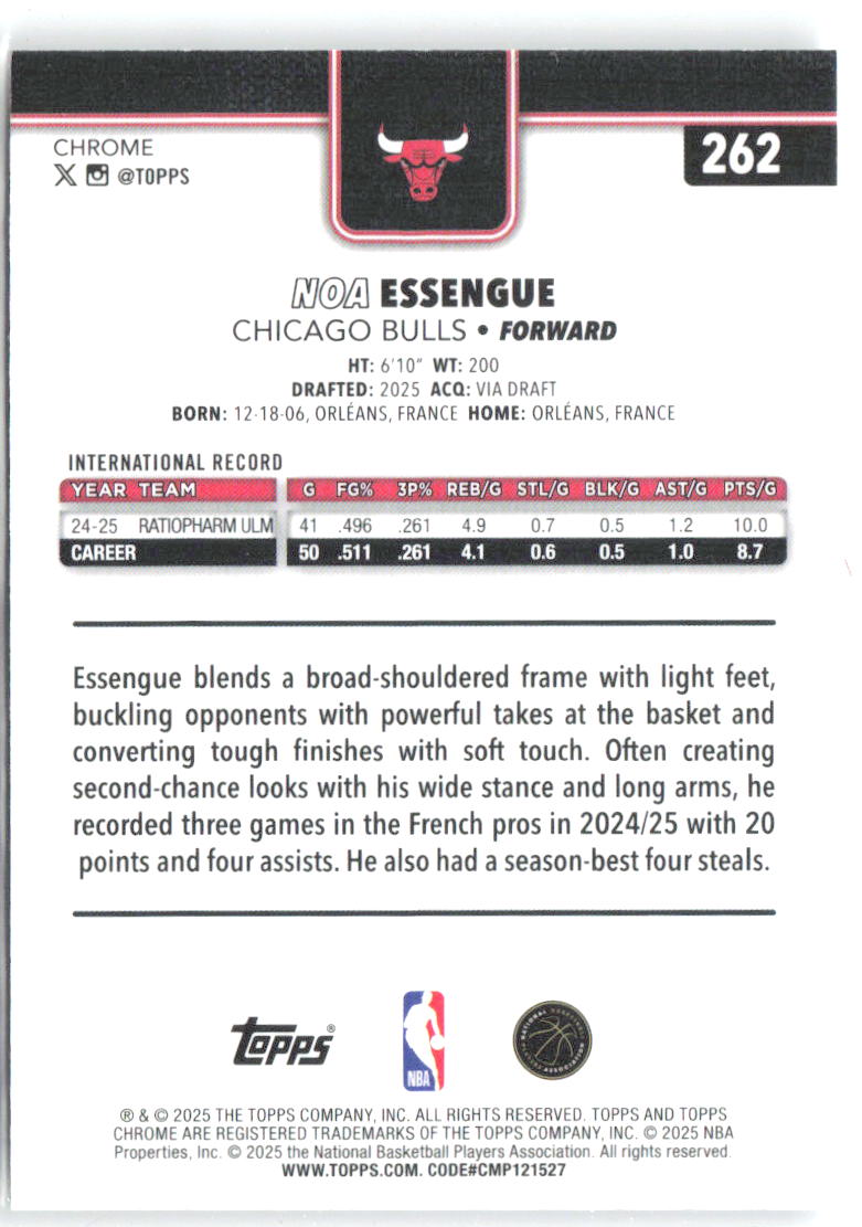 Noa Essengue Topps Chrome 262 2025-26 Chicago Bulls RC