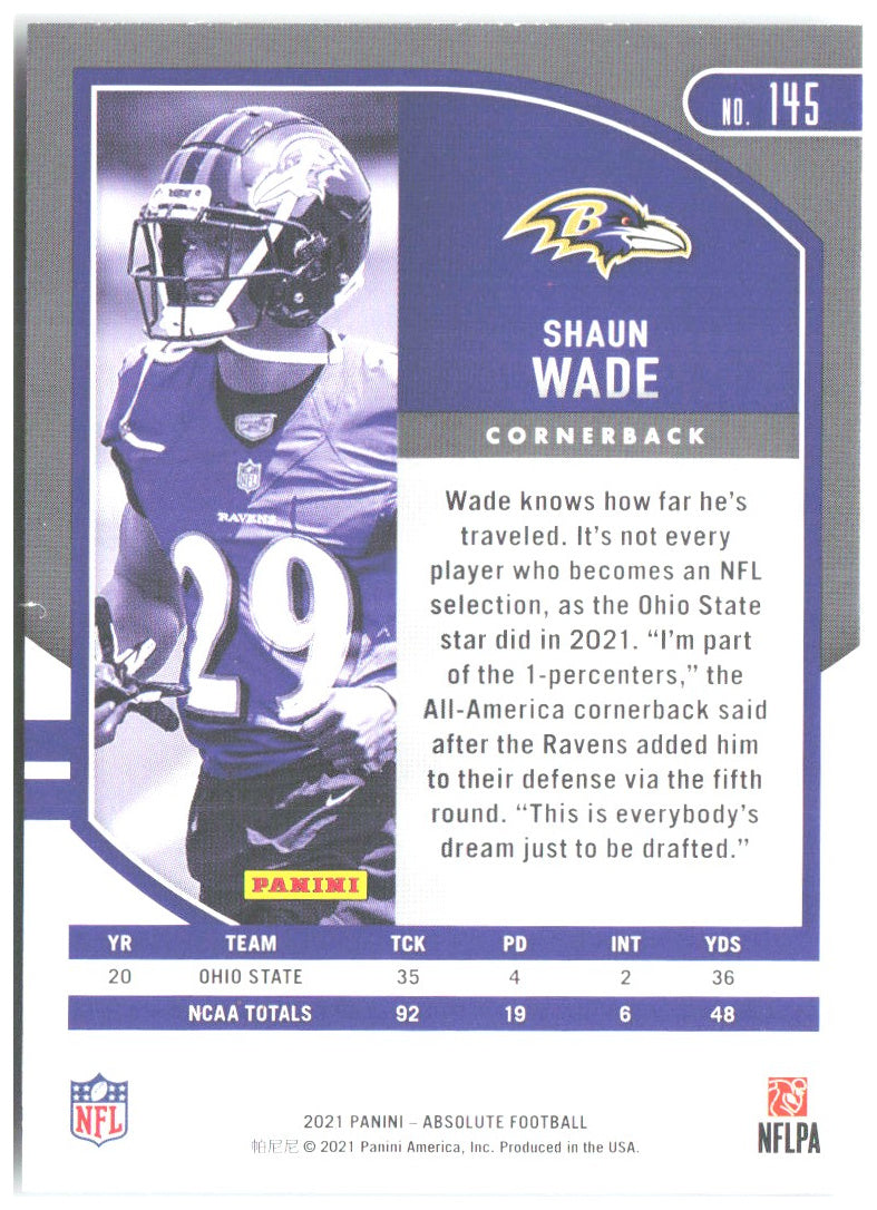 Shaun Wade Panini Absolute - Retail 145 2021 Baltimore Ravens RC