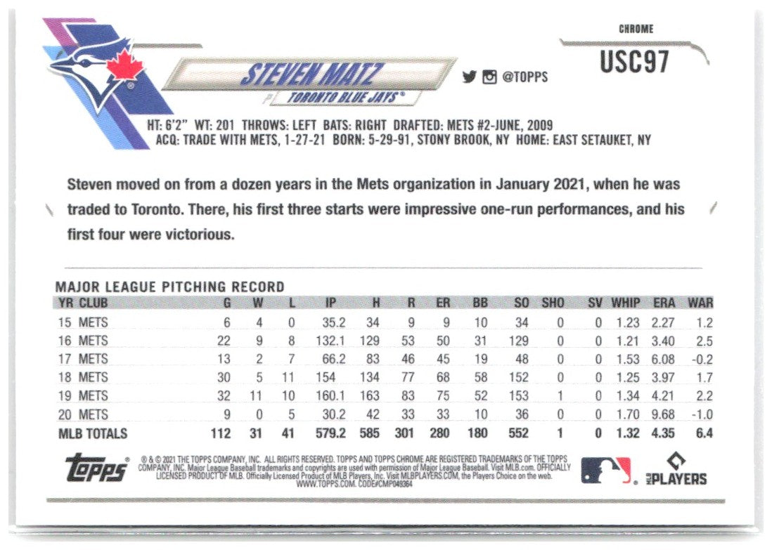Steven Matz Topps Chrome Update Pink Wave Refractor USC97 2021 Toronto Blue Jays