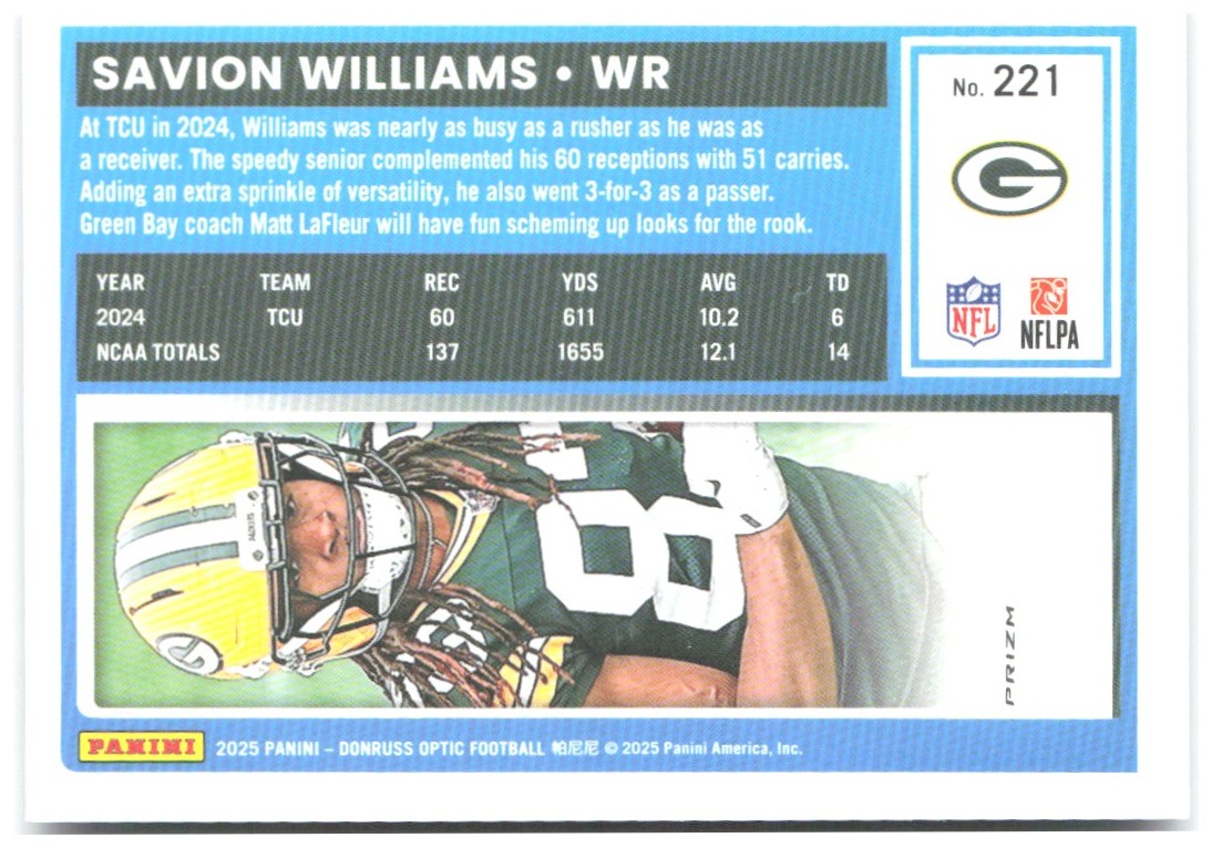 Savion Williams Donruss Optic - Purple Shock 221 2025 Green Bay Packers