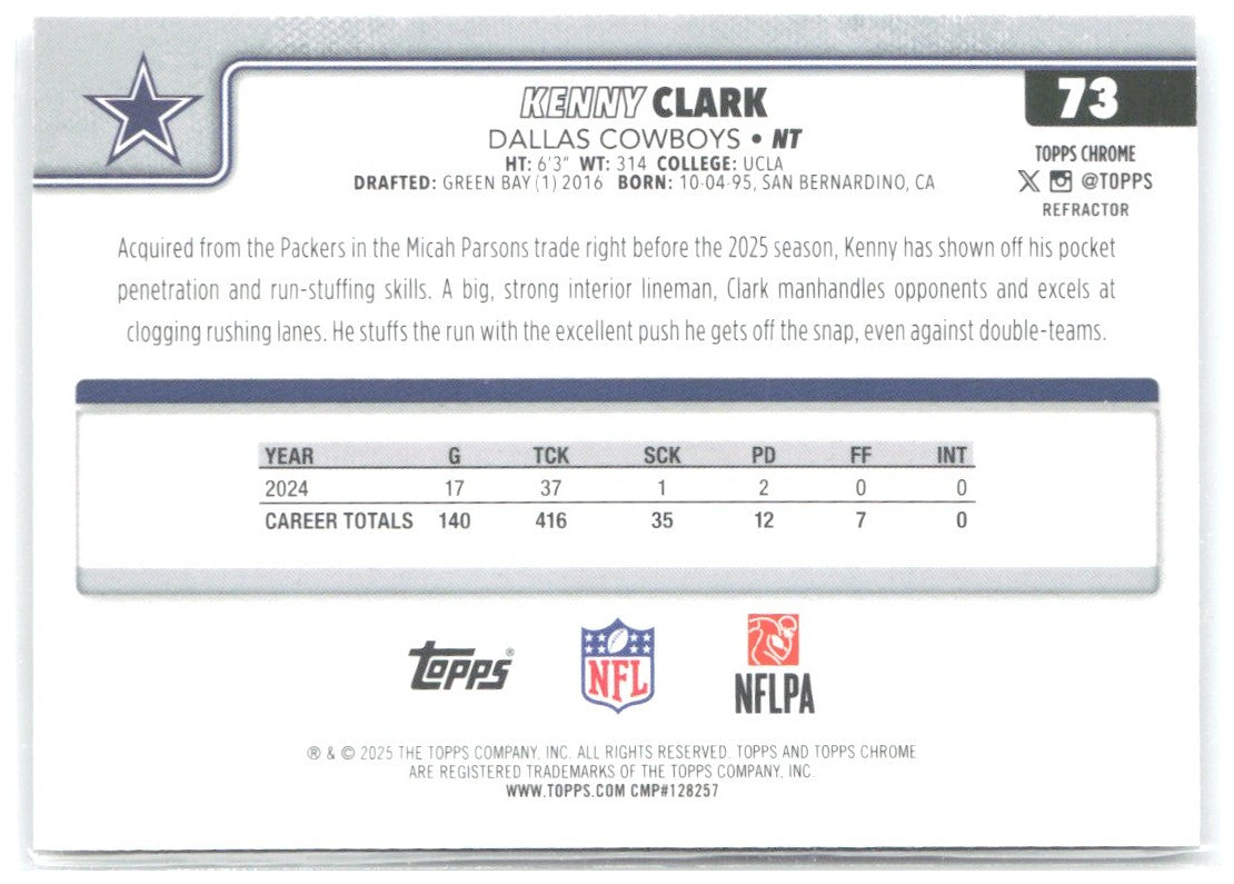 Kenny Clark Topps Chrome - Refractor 73 2025 Dallas Cowboys