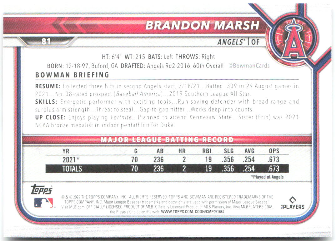 Brandon Marsh Bowman 81 2022 Los Angeles Angels RC