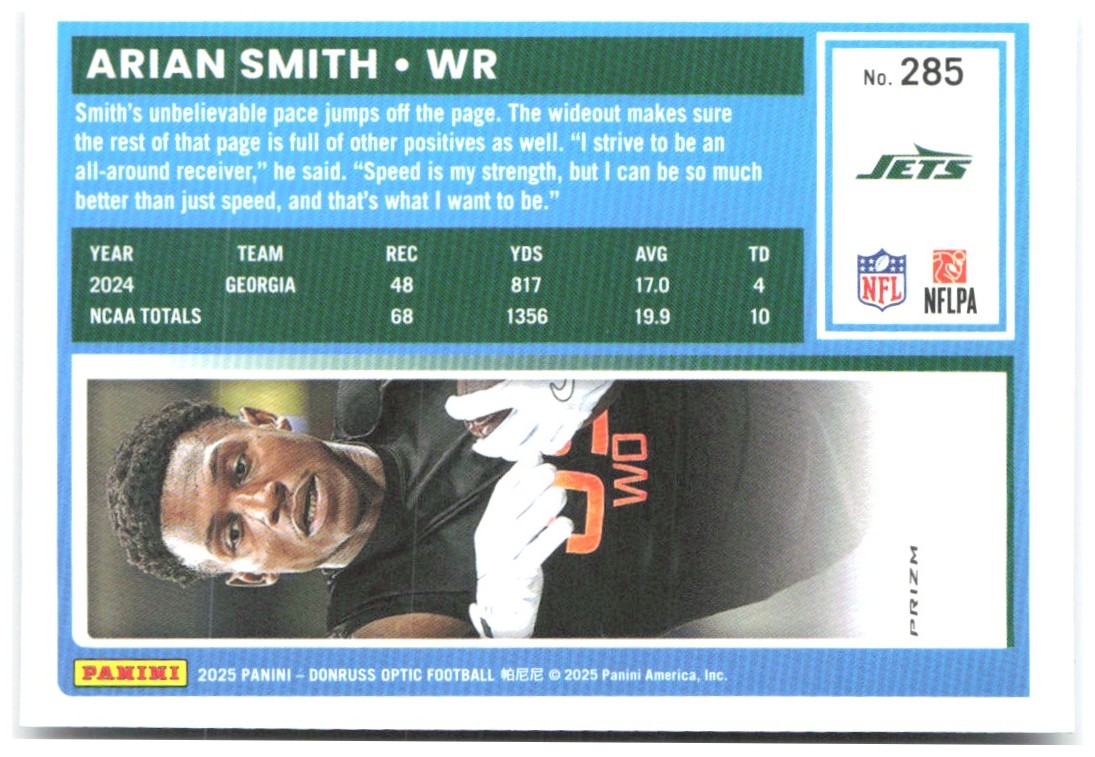 Arian Smith Donruss Optic - Holo 285 2025 New York Jets