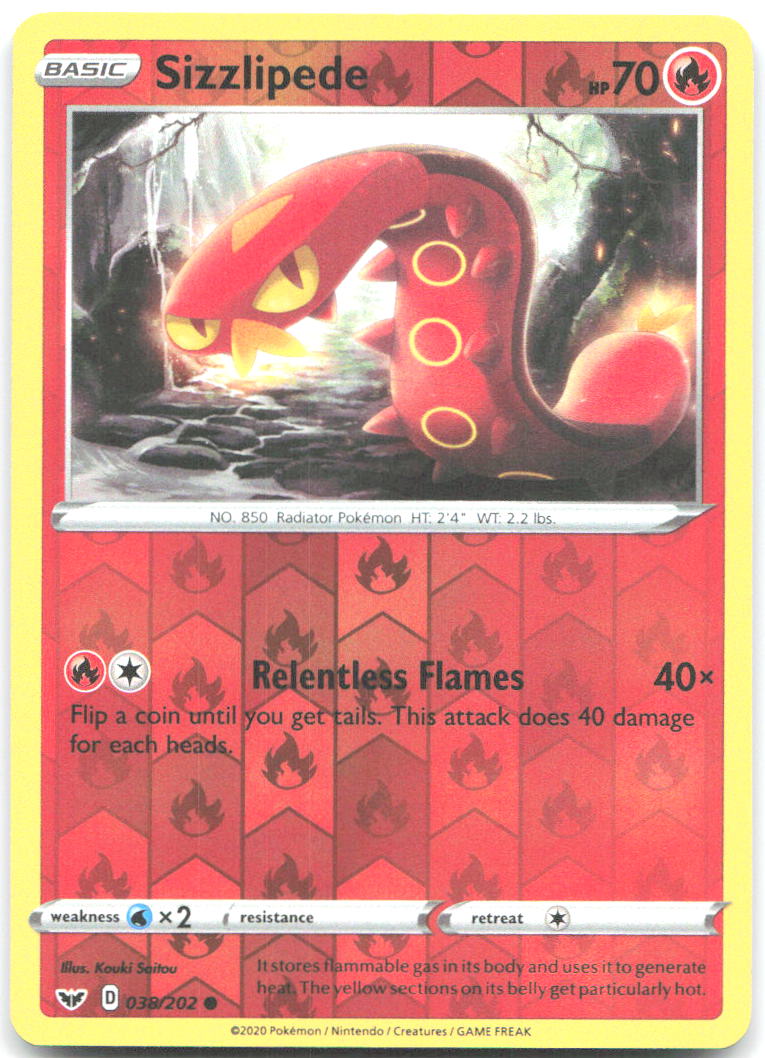 Sizzlipede 038 Reverse Holo Common SWSH01 Sword & Shield Base Set 038/202 NM
