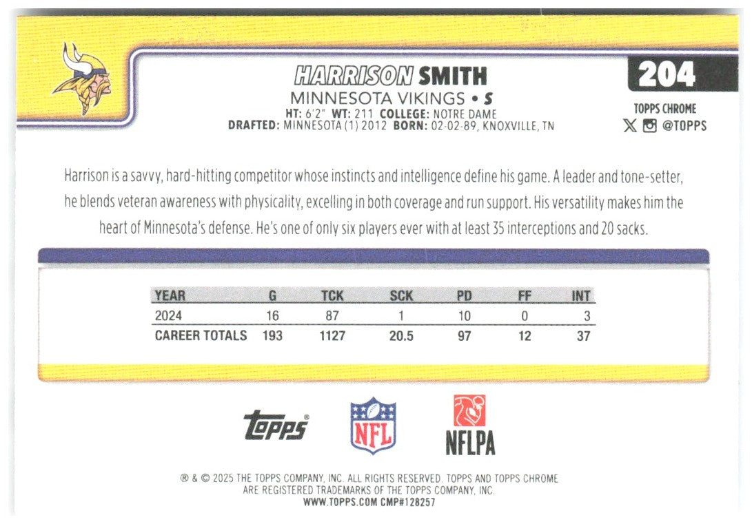Harrison Smith Topps Chrome - Ray Wave Refractor 204 2025 Minnesota Vikings