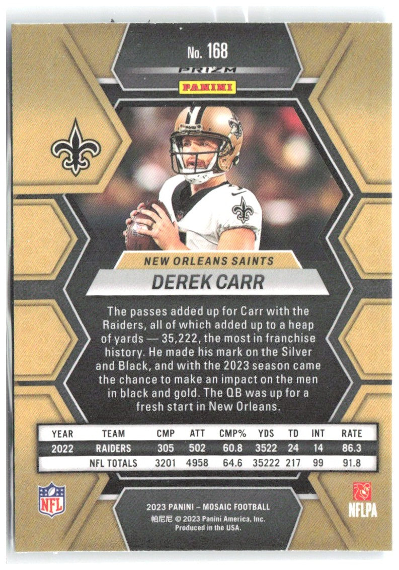 Derek Carr Panini Mosaic - Reactive Blue Mosaic 168 2023 New Orleans Saints