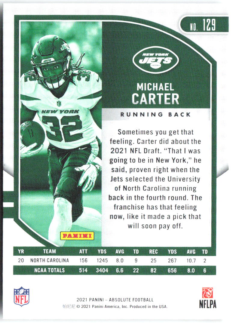 Michael Carter Panini Absolute - Retail 129 2021 New York Jets RC