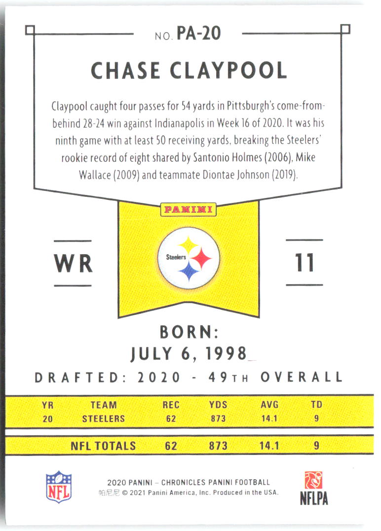 Chase Claypool Panini Chronicles - Panini PA-20 2020 Pittsburgh Steelers