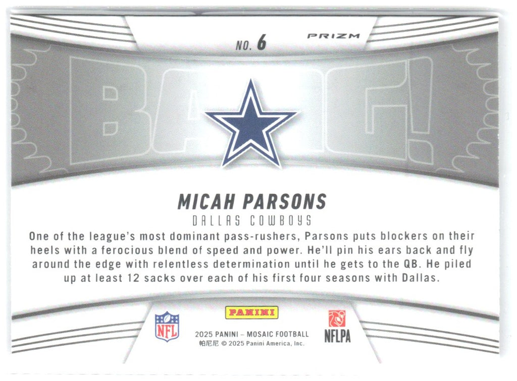 Micah Parsons Panini Mosaic Bang! Mosaic Pink Fluorescent 6 2025 Dallas Cowboys
