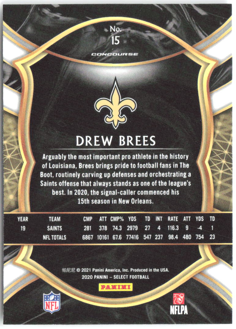 Drew Brees Panini Select 15 2020 New Orleans Saints