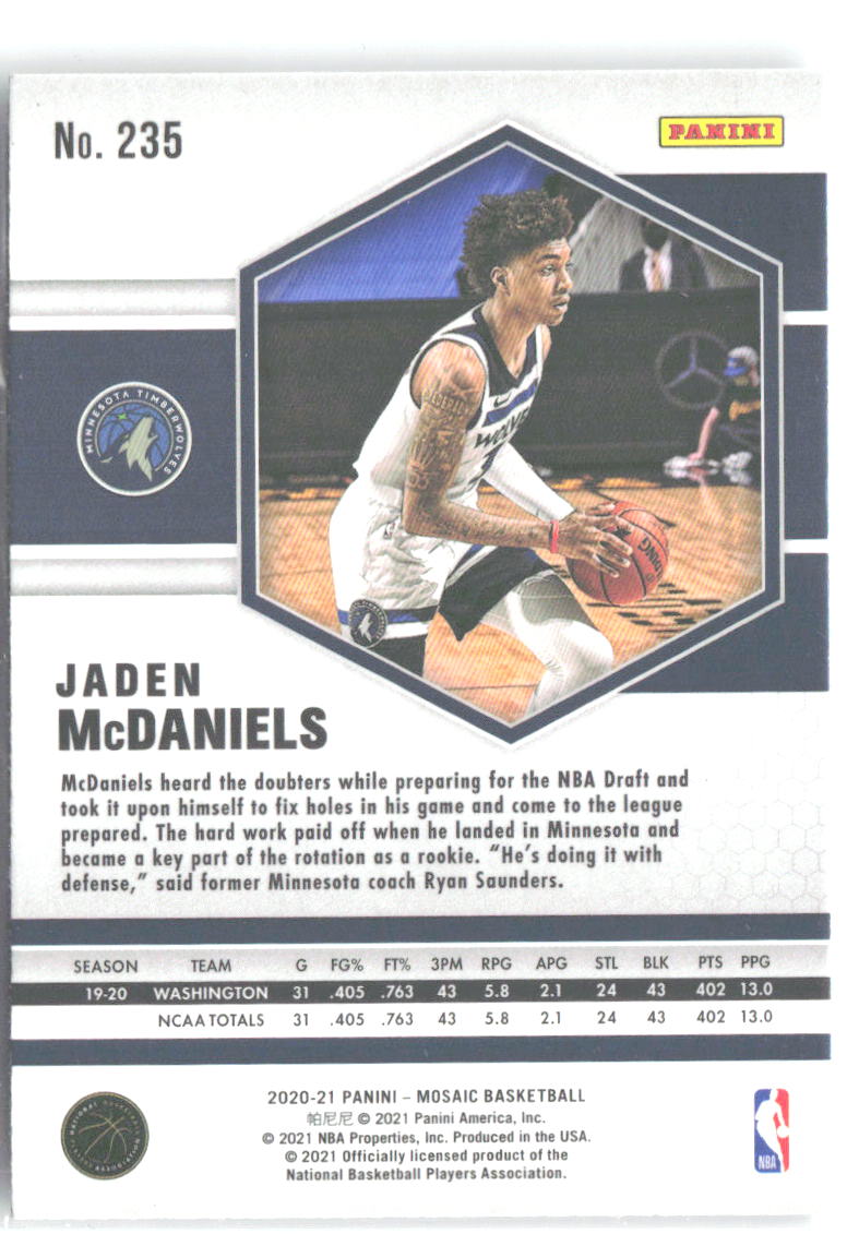 Jaden McDaniels Panini Mosaic 235 2020-21 Minnesota Timberwolves RC
