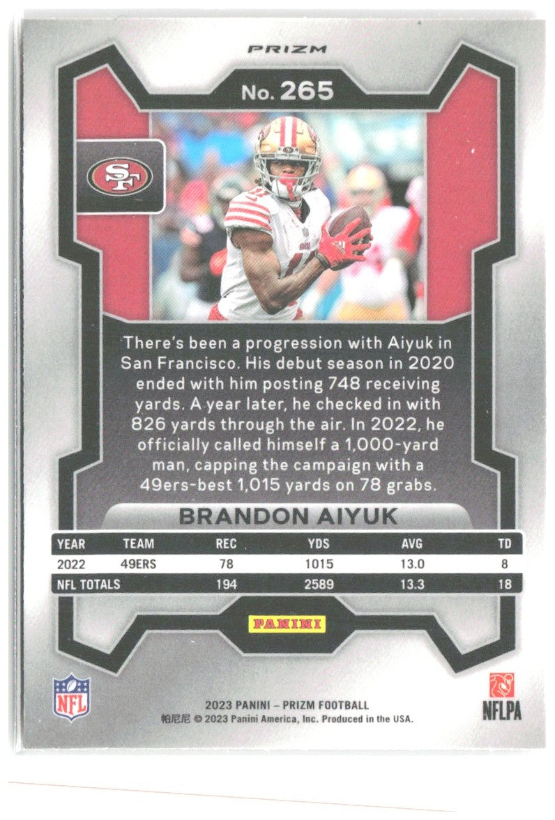 Brandon Aiyuk Panini Prizm - Lazer 265 2023 San Francisco 49ers