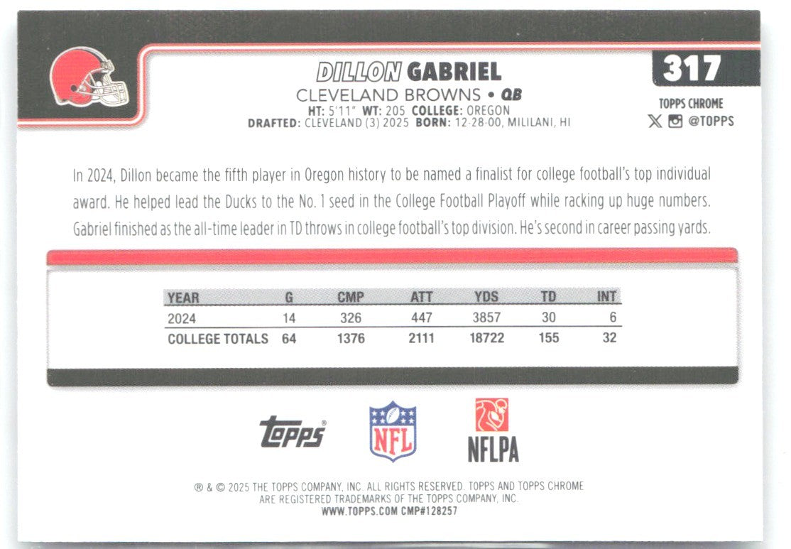 Dillon Gabriel Topps Chrome 317 2025 Cleveland Browns RC