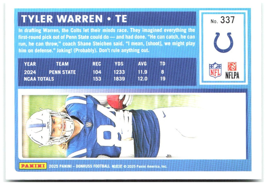 Tyler Warren Donruss - Press Proofs Green 337 2025 Indianapolis Colts