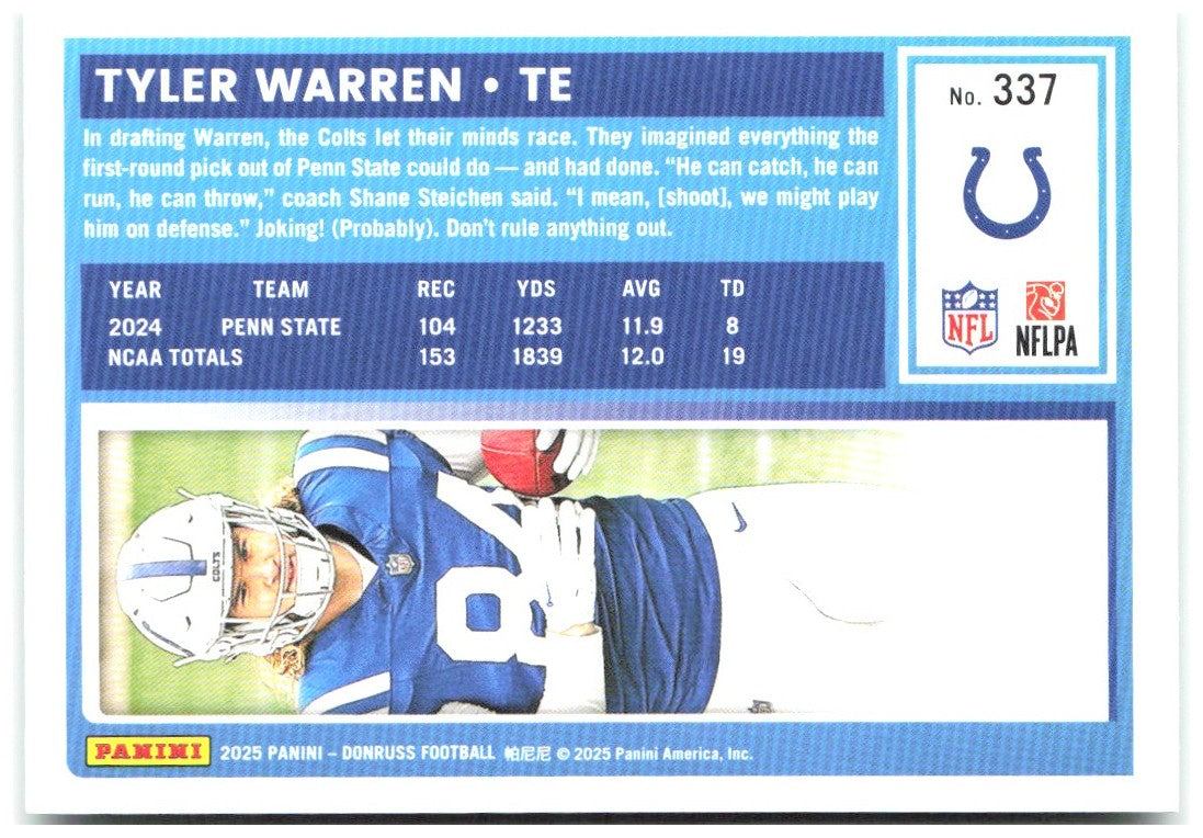 Tyler Warren Donruss - Press Proofs Green 337 2025 Indianapolis Colts