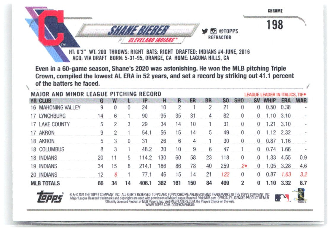 Shane Bieber Topps Chrome - Refractor 198 2021 Cleveland Indians