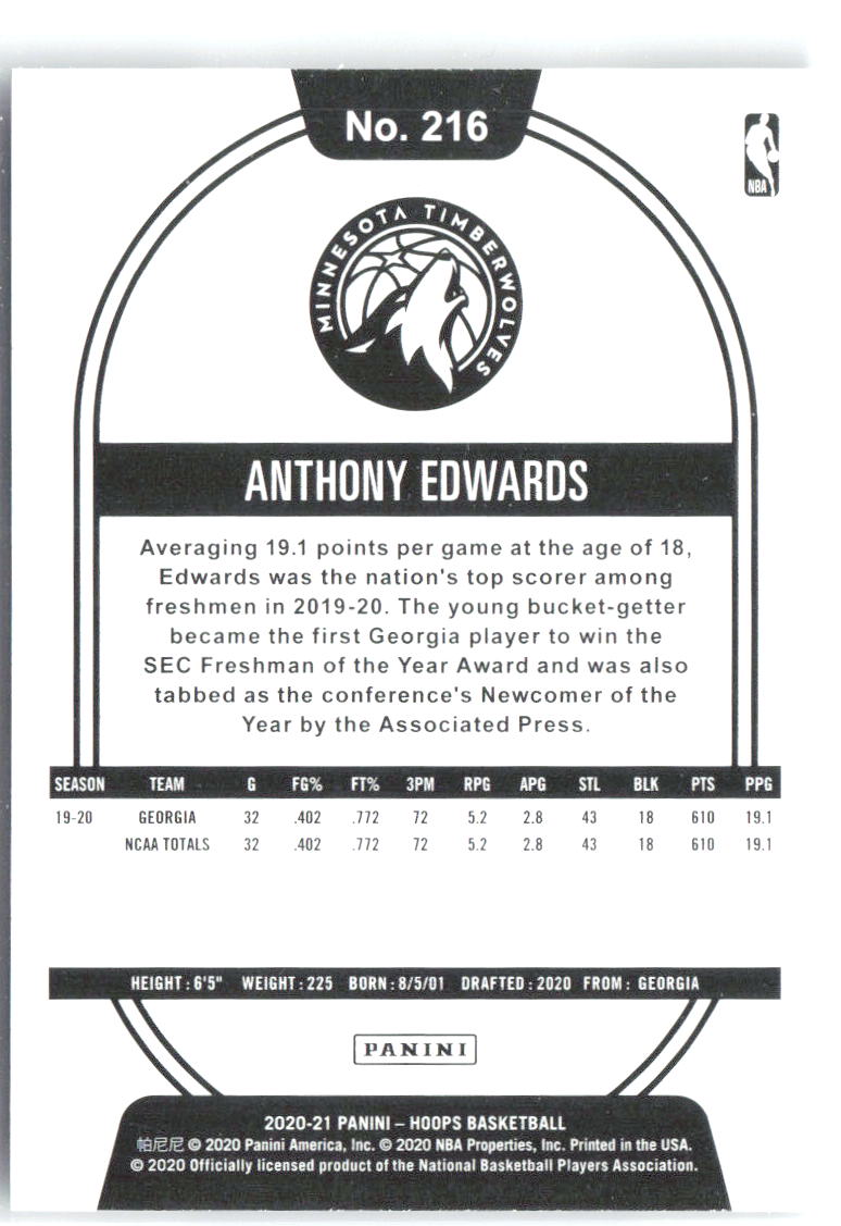 Anthony Edwards Hoops 216 2020-21 Minnesota Timberwolves RC