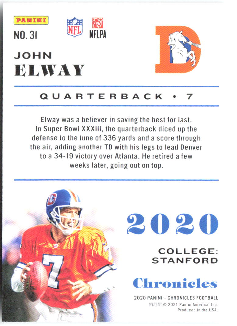 John Elway Panini Chronicles - Pink 31 2020 Denver Broncos