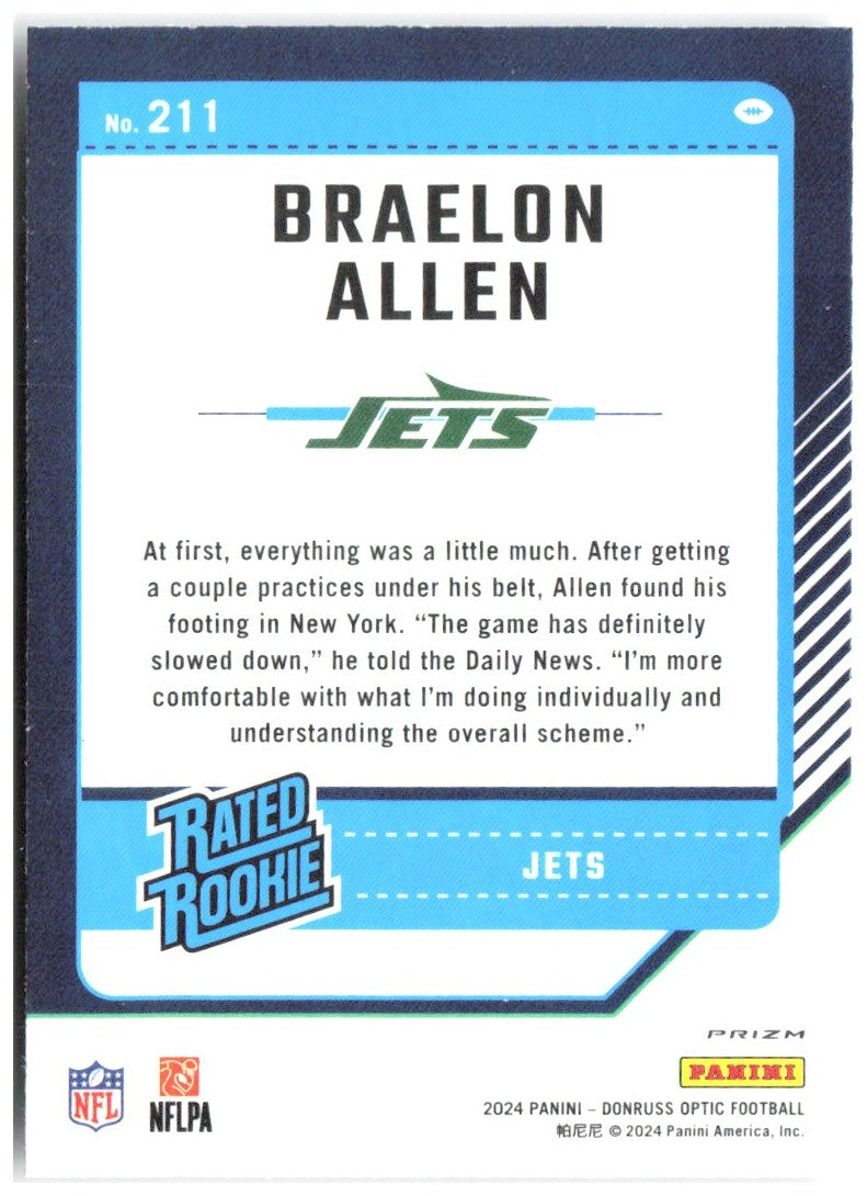 Braelon Allen Donruss Optic - Holo 211 2024 New York Jets