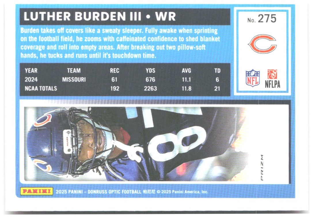 Luther Burden III Donruss Optic - Pink 275 2025 Chicago Bears