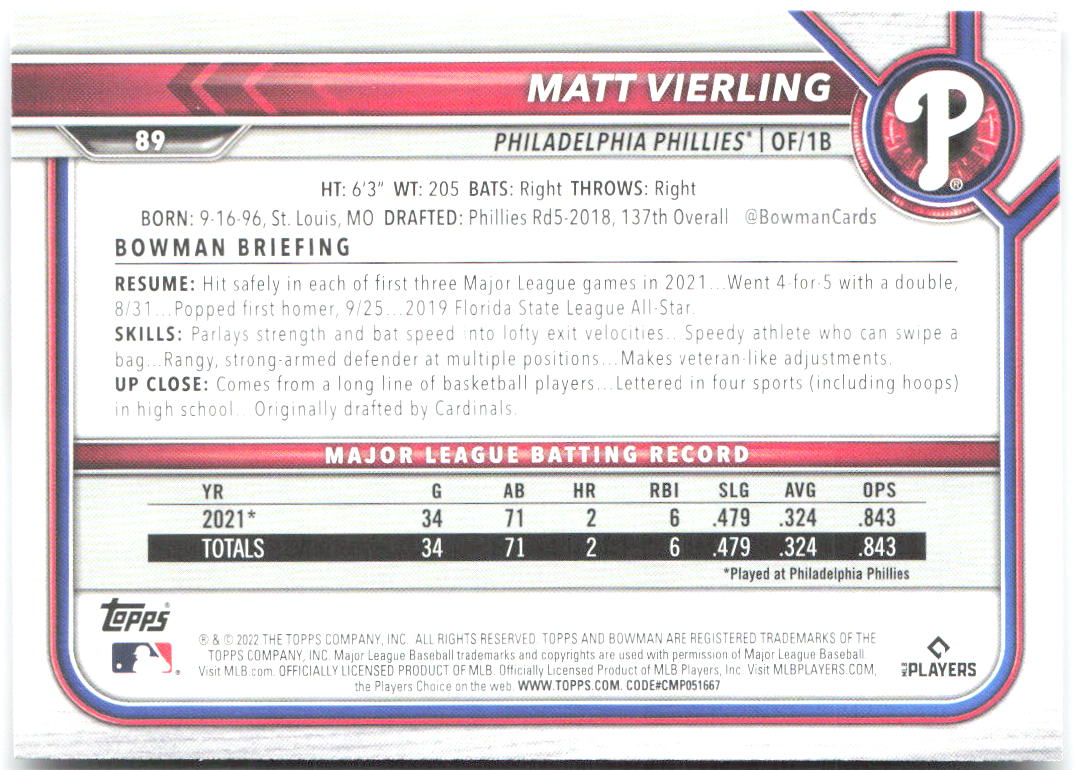 Matt Vierling Bowman 89 2022 Philadelphia Phillies RC