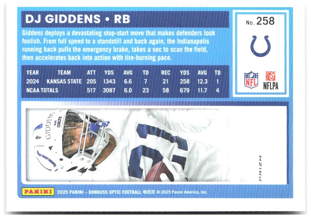 DJ Giddens Donruss Optic - Pink 258 2025 Indianapolis Colts