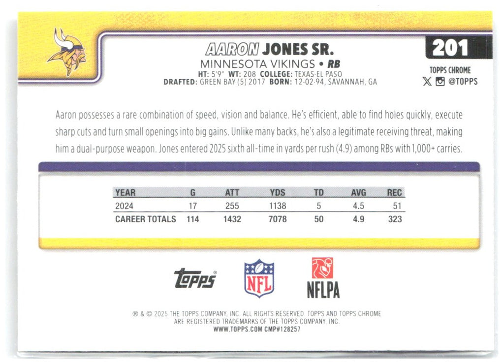 Aaron Jones Topps Chrome - Pulsar Refractor 201 2025 Minnesota Vikings