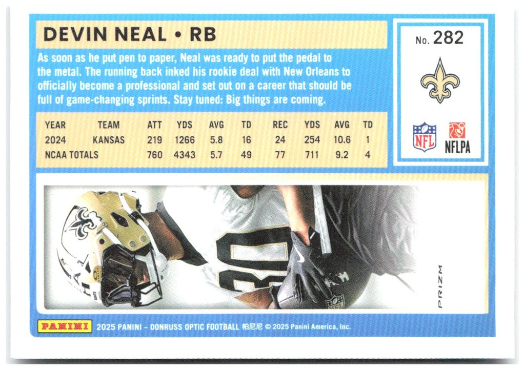 Devin Neal Donruss Optic - Purple Shock 282 2025 New Orleans Saints
