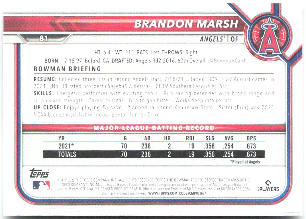 Brandon Marsh Bowman 81 2022 Los Angeles Angels RC