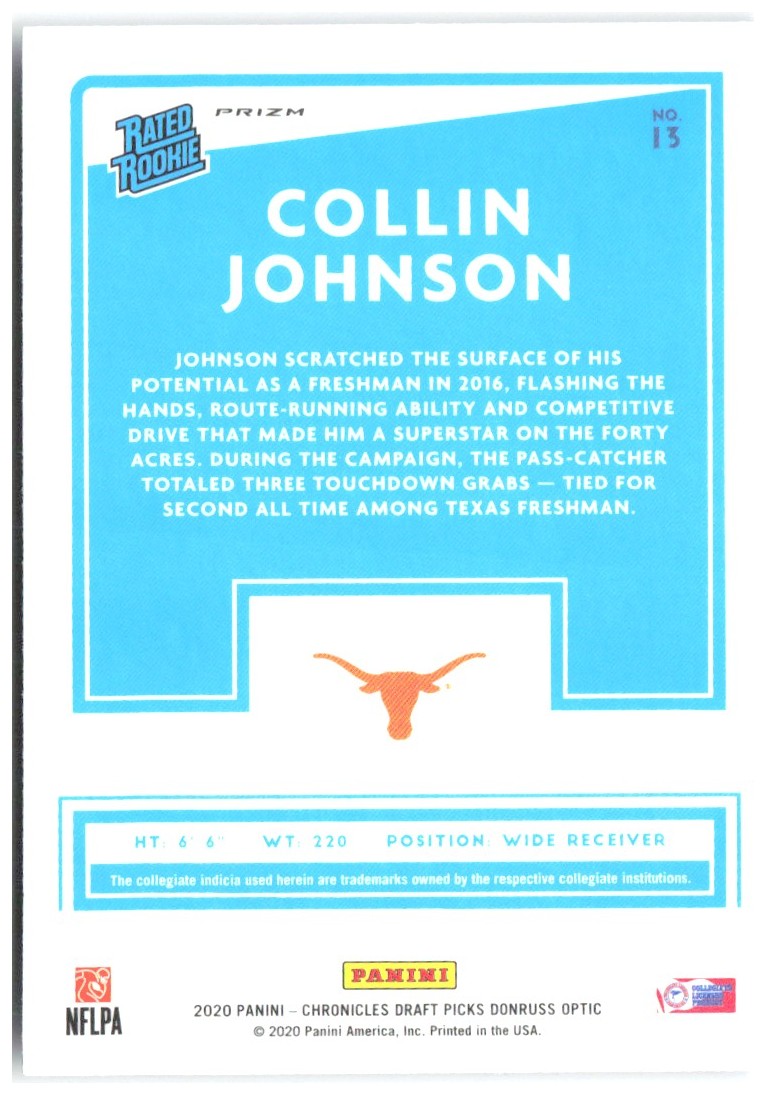 Collin Johnson Chronicles Draft Picks Optic Rated Rookies Blue 13 2020 Longhorns