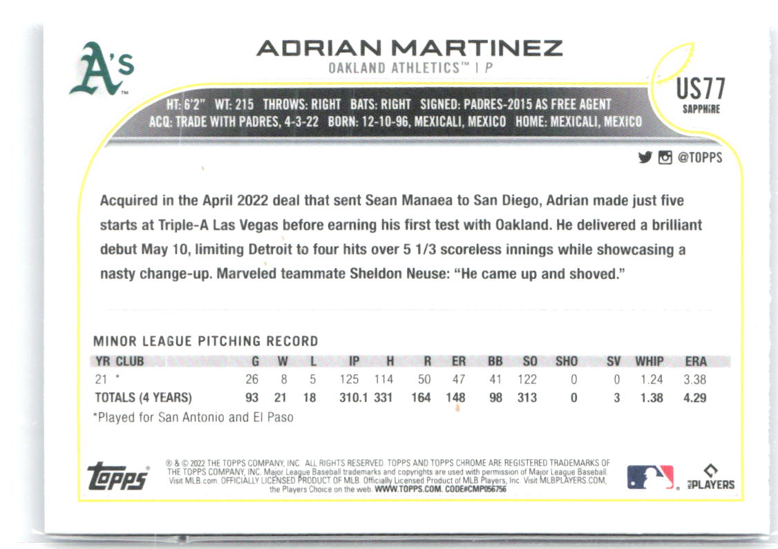 Adrian Martinez Topps Chrome Update Sapphire Edition US77 2022 Athletics RC