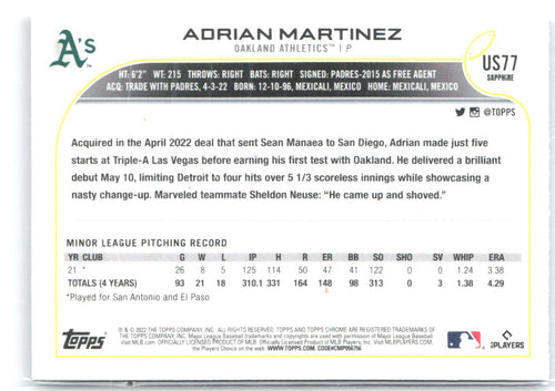 Adrian Martinez Topps Chrome Update Sapphire Edition US77 2022 Athletics RC