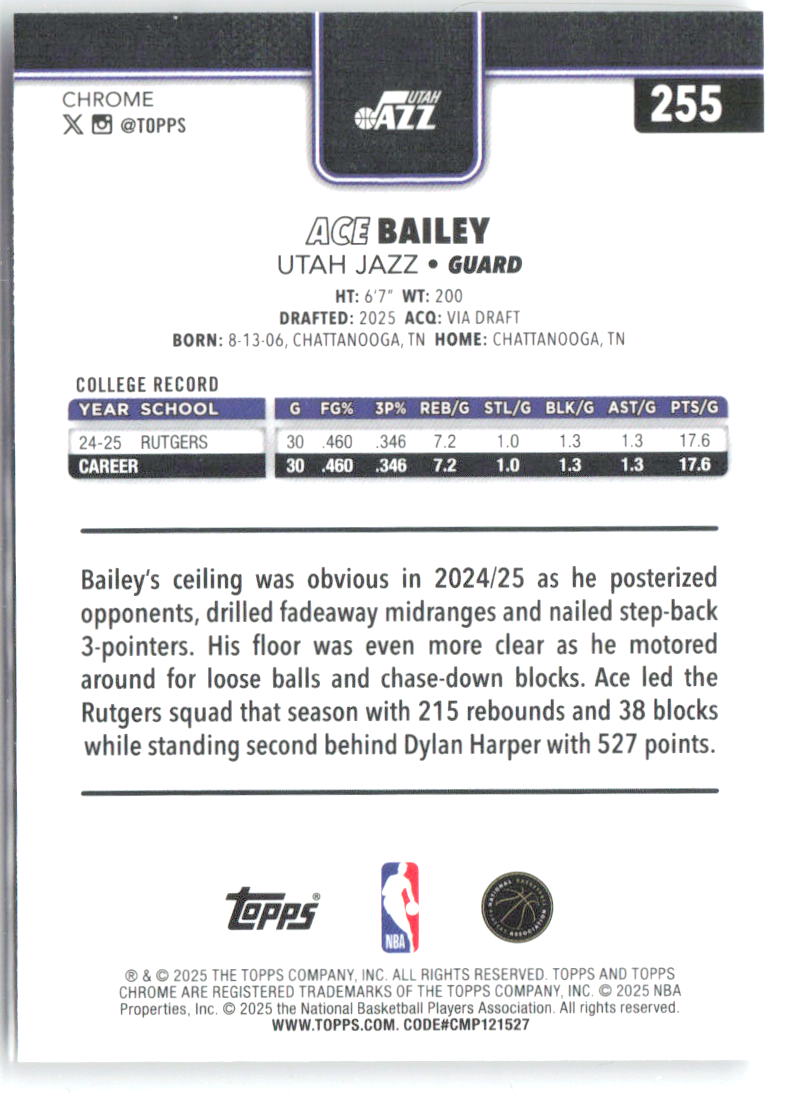 Ace Bailey Topps Chrome 255 2025-26 Utah Jazz RC