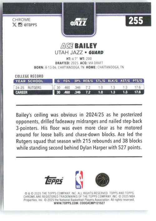 Ace Bailey Topps Chrome 255 2025-26 Utah Jazz RC