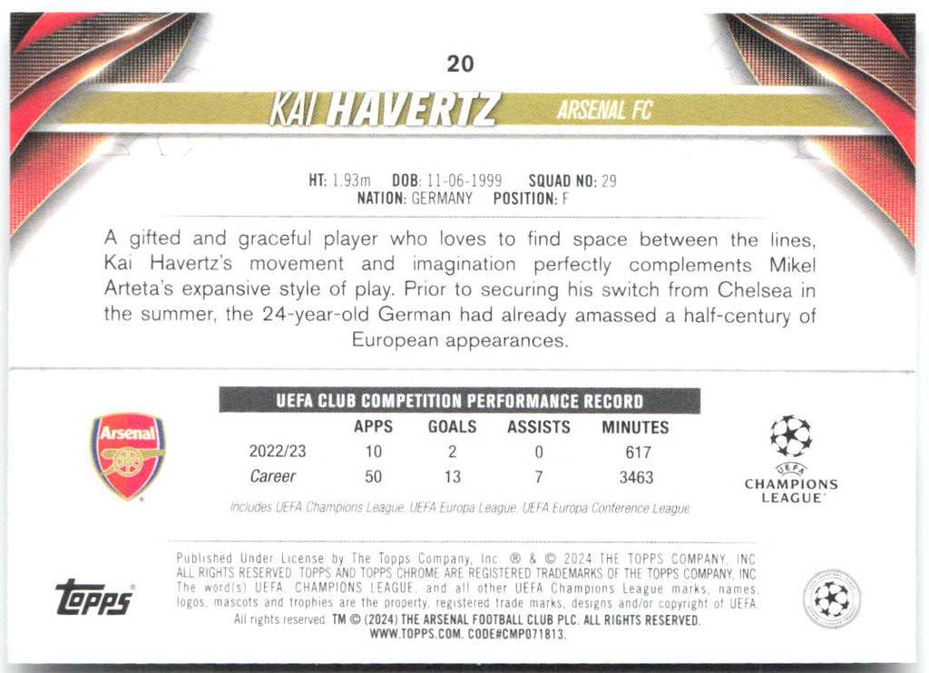 Kai Havertz Topps Chrome UEFA Club Competitions Refractor 20 2023-24 Arsenal FC