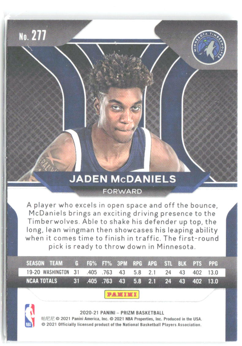 Jaden McDaniels Panini Prizm 277 2020-21 Minnesota Timberwolves RC