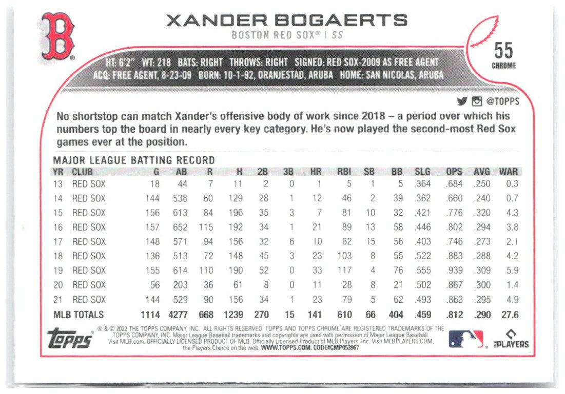 Xander Bogaerts Topps Chrome - Negative Refractor 55 2022 Boston Red Sox