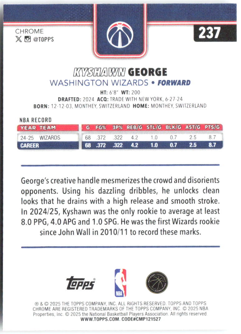 Kyshawn George Topps Chrome 237 2025-26 Washington Wizards