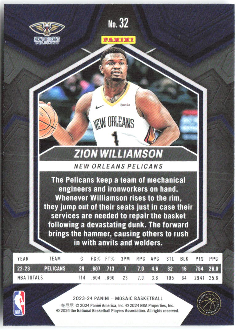 Zion Williamson Panini Mosaic 32 2023-24 New Orleans Pelicans