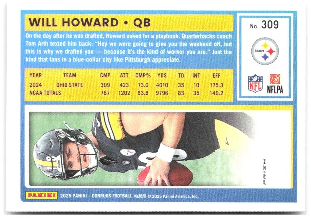 Will Howard Donruss - Optic Rated Rookies Pink 309 2025 Pittsburgh Steelers