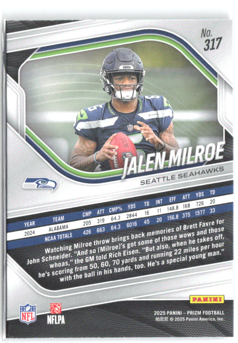Jalen Milroe Panini Prizm 317 2025 Seattle Seahawks RC
