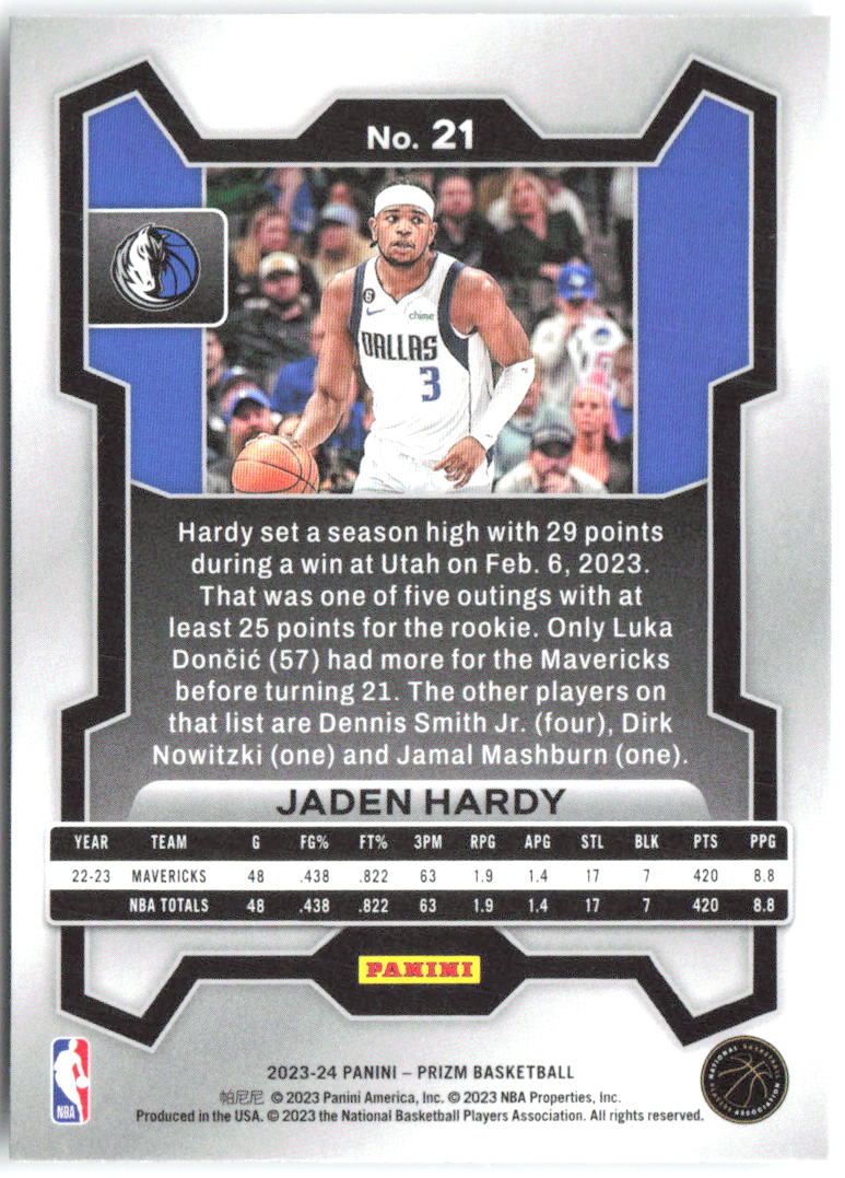 Jaden Hardy Panini Prizm 21 2023-24 Dallas Mavericks