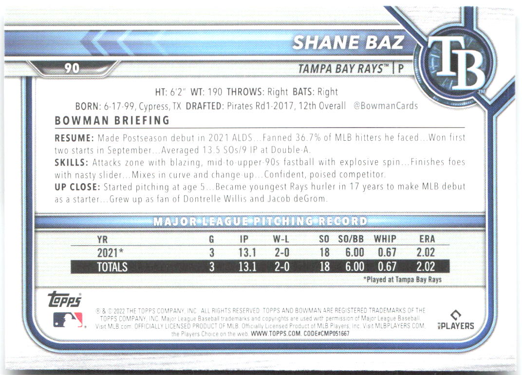 Shane Baz Bowman 90 2022 Tampa Bay Rays RC
