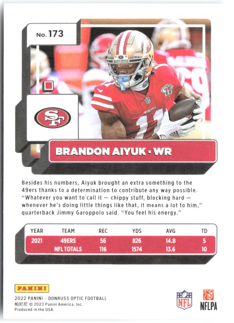 Brandon Aiyuk Donruss Optic 173 2022 San Francisco 49ers