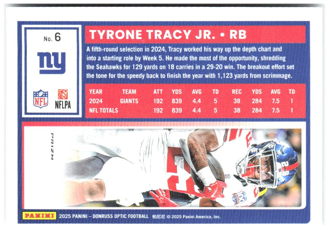 Tyrone Tracy Jr. Donruss Optic - Holo 6 2025 New York Giants