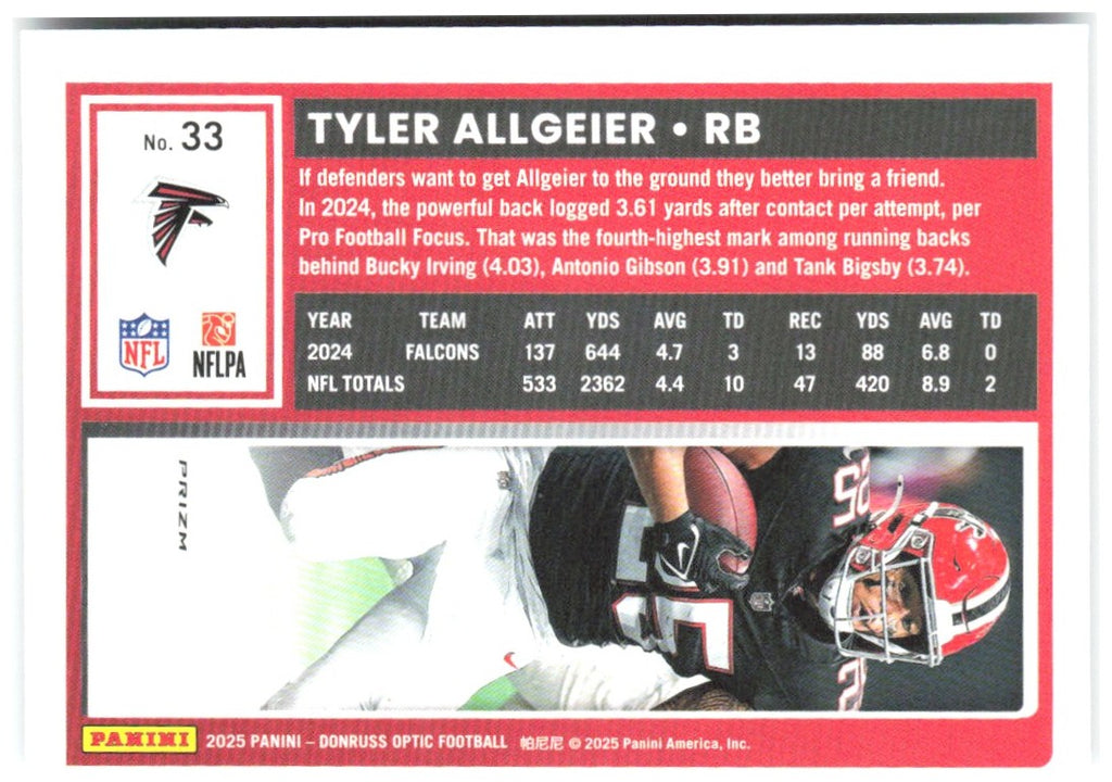Tyler Allgeier Donruss Optic - Holo 33 2025 Atlanta Falcons