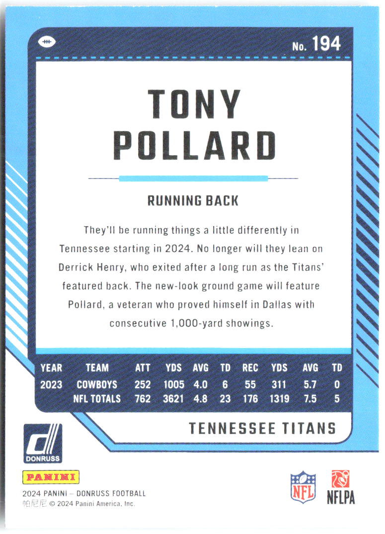 Tony Pollard Donruss 194 2024 Tennessee Titans