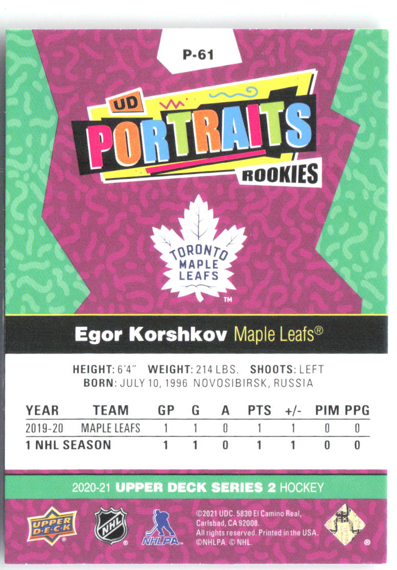Egor Korshkov Upper Deck - UD Portraits P-61 2020-21 Toronto Maple Leafs